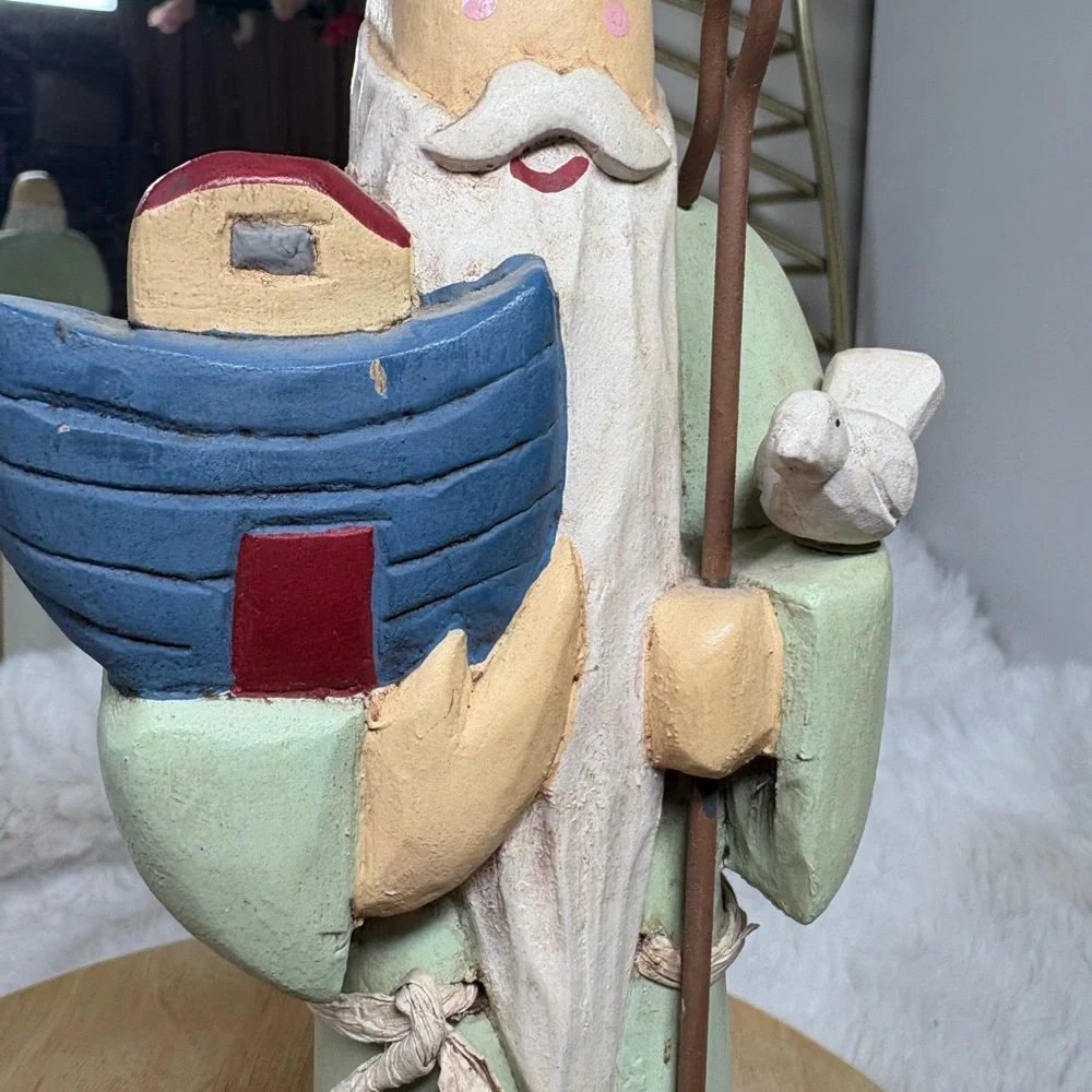 Vintage Wooden Noah Figurine Holding Ark & Dove Staff 10
